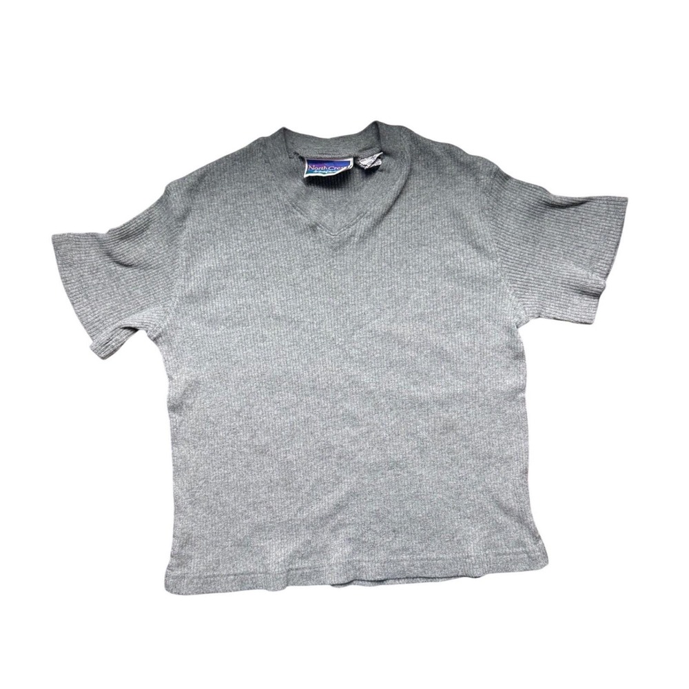 NorthCrest‎ Ribbed Knit V-Neck Short Sleeve Top Women Gray Size Med soft Utility